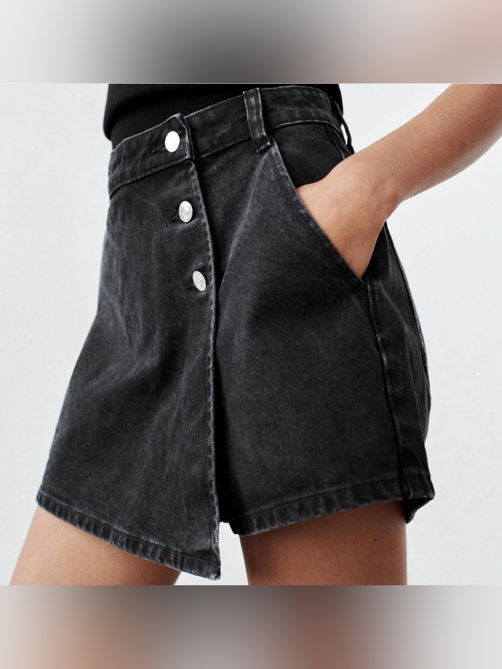 Zara Washed Black Denim Mini Skort with Button Front Size M Casual Classic - Picture 2 of 7